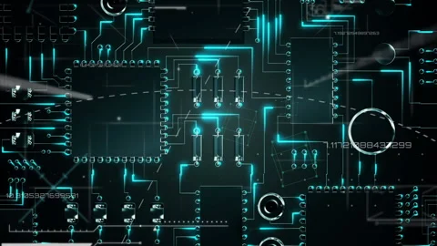 Animation of data and shapes floating over microprocessor connections Stock Footage 134850293