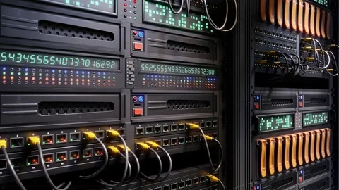 Animation data center, tracking server racks, cables and blinking leds Stock Footage 126999142