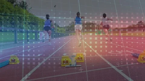 Animation of data on digital screen over caucasian women running at stadium Stock Footage 326191676