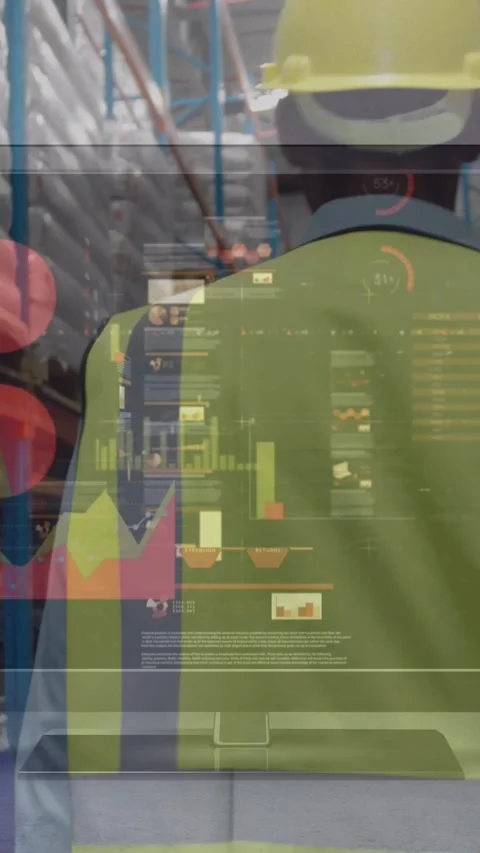 Animation of data on digital screen over back view of male warehouse worker Stock Footage 341991342