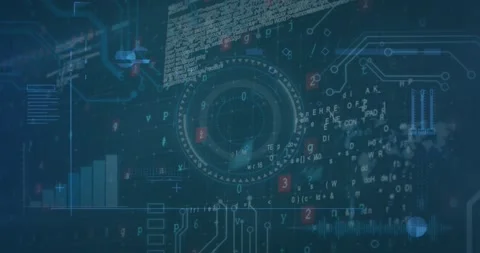 Animation of data, digital screens, graphs and texts on navy background Stock Footage 202315570