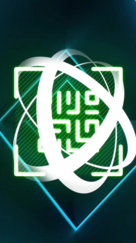 Animation of data downloading symbol moving over qr code and blue neon lights Stock-Footage 342612499