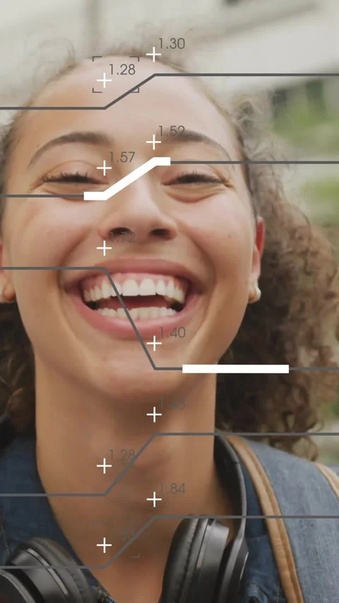 Animation with data graphics overlay, woman outdoors wearing headphones, smiling Stock Footage 344285195