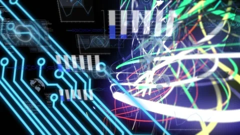 Animation of data with graphs, neon light beams processing on digital interface Stock Footage 329560091