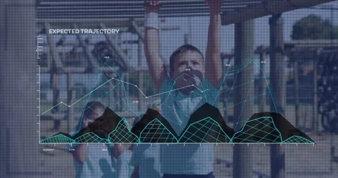 Animation of data graphs overlaying children playing on monkey bars at school Видео 305490598