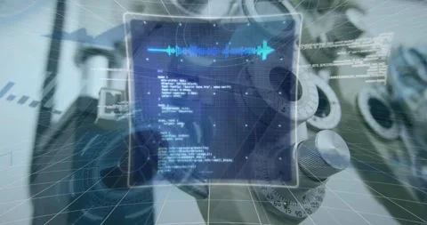 Animation of data with hud processing on digital interface against machinery Stock Footage 330113693