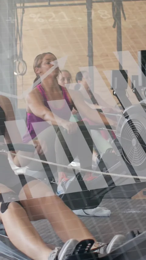Animation of data on interface over caucasian women training on rowing machines Stock Footage 323783004