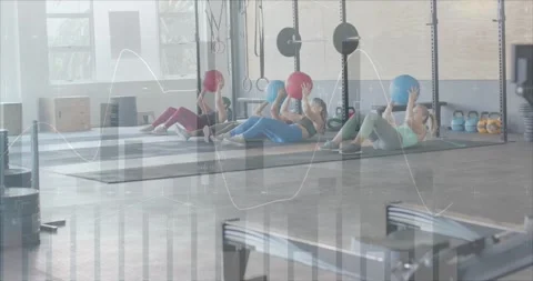 Animation of data on interface over diverse women holding medicine balls cross Stock Footage 329844956