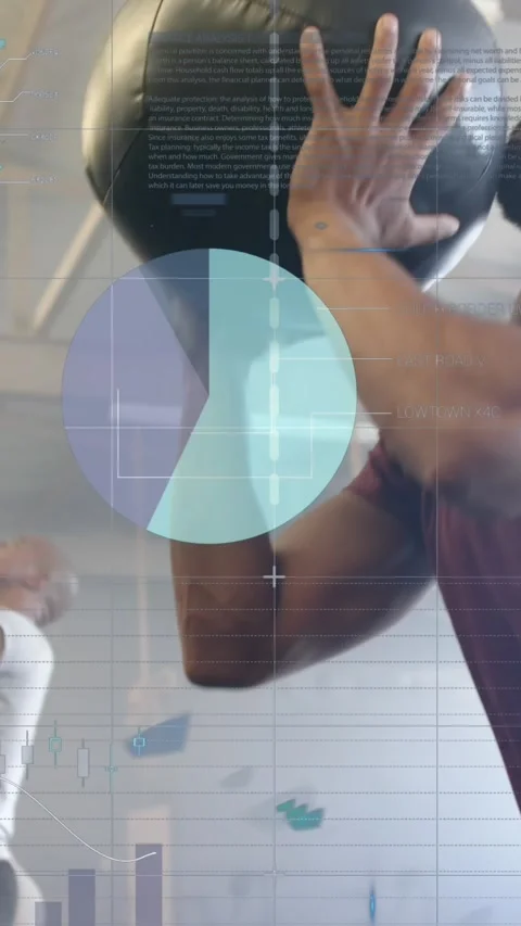 Animation of data on interface over diverse group cross training throwing Stock Footage 341953540