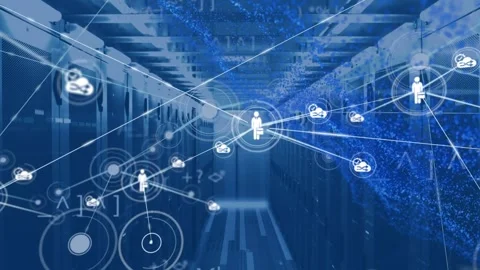 Animation of data network of people and cloud icons processing over computer Stock Footage 329692432