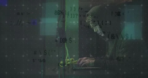 Animation of data over asian male hacker in hoodie using laptop by computer Stock Footage 328159783