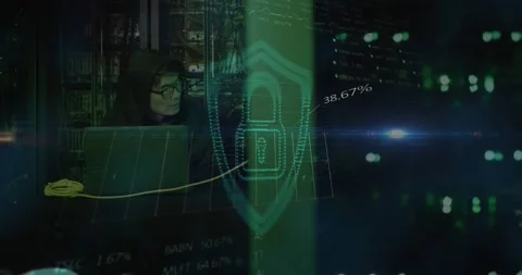 Animation of data over asian male hacker in hoodie using laptop by computer Stock Footage 328810437