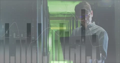 Animation of data over asian male it engineer with laptop by computer server Stock Footage 329283289