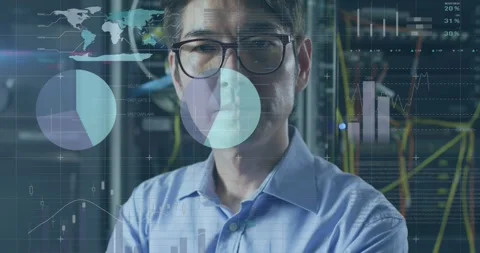 Animation of data over portrait of asian male it engineer by computer servers Stock Footage 329101135