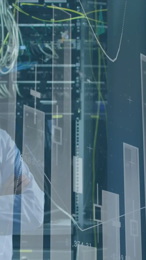 Animation of data over smiling asian male it engineer by computer servers Stock Footage 324611194