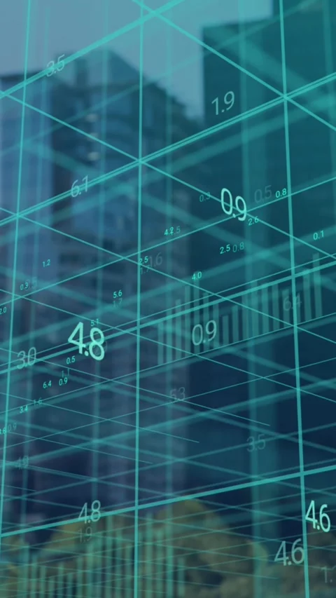 Animation of data processing on 3d grid over buildings in modern cityscape Stock Footage 323923144