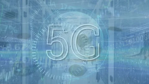 Animation of data processing with 5g text and globe over server room Stock Footage 330590999