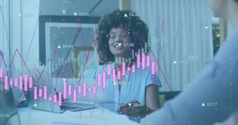 Animation of data processing on african american woman with document talking to Video stock 249071829