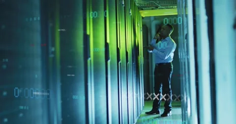 Animation of data processing, african american male it engineer and computer Stock Footage 328811129