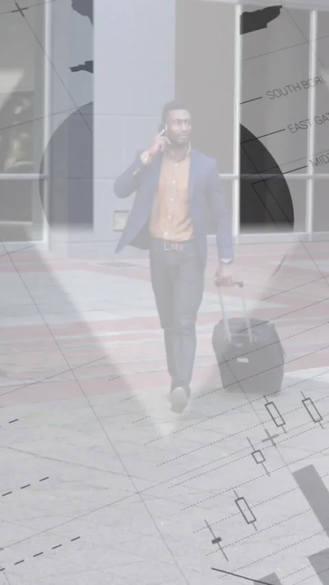 Animation of data processing on african american businessman with trolley bag Stock Footage 344783525