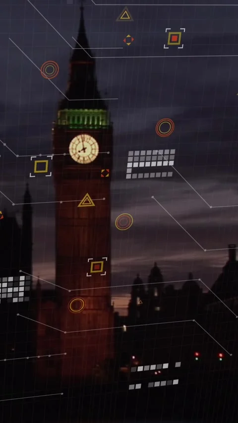 Animation of data processing against aerial view of big ben tower at night Stock Footage 344369647