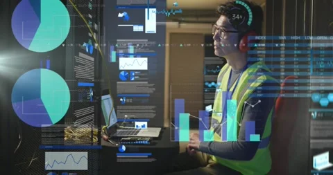 Animation of data processing against asian male engineer using laptop at server Stock Footage 330255892