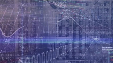 Animation of data processing against binary coding over computer server room Stock Footage 325771218