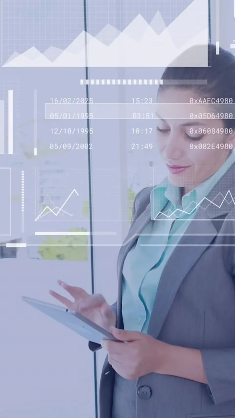 Animation of data processing against businesswoman using digital tablet at 動画素材 320183525