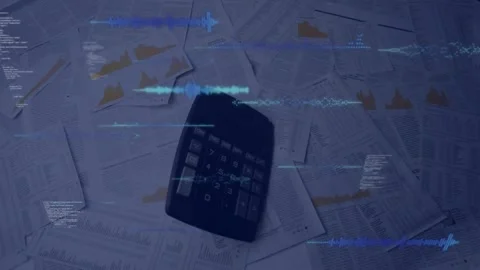Animation of data processing against calculator falling over documents Stock Footage 229828846