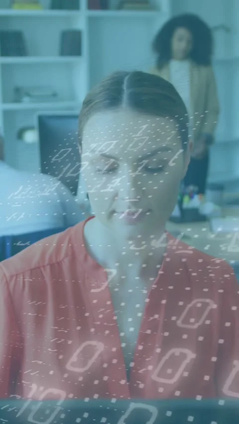 Animation of data processing against caucasian woman using computer at office Stock Footage 343779124