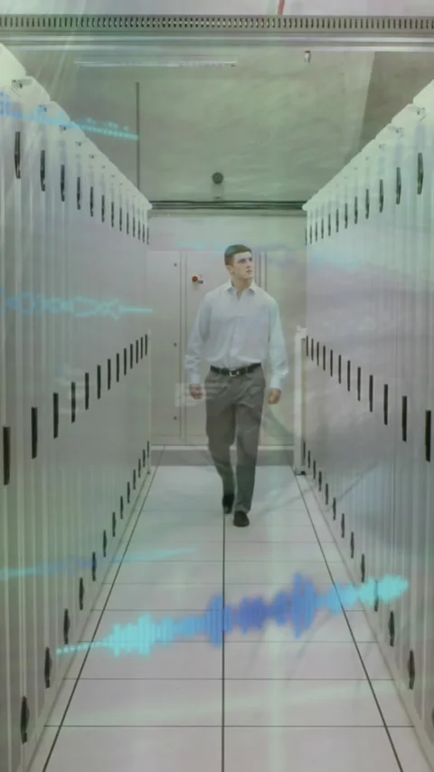 Animation of data processing against caucasian male engineer walking at computer Stock Footage 344636049