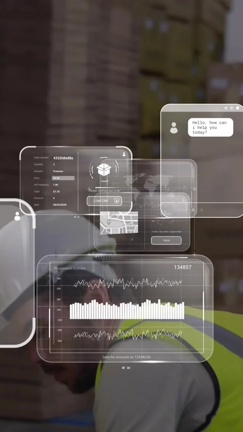 Animation of data processing against caucasian male worker stacking boxes at Stock-Footage 344723507