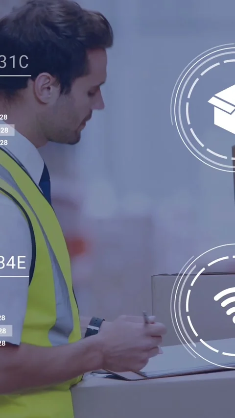 Animation of data processing against caucasian male supervisor writing on Stock Footage 344783819