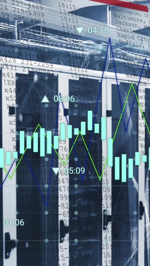 Animation of data processing against computer server room Video stock 343718974