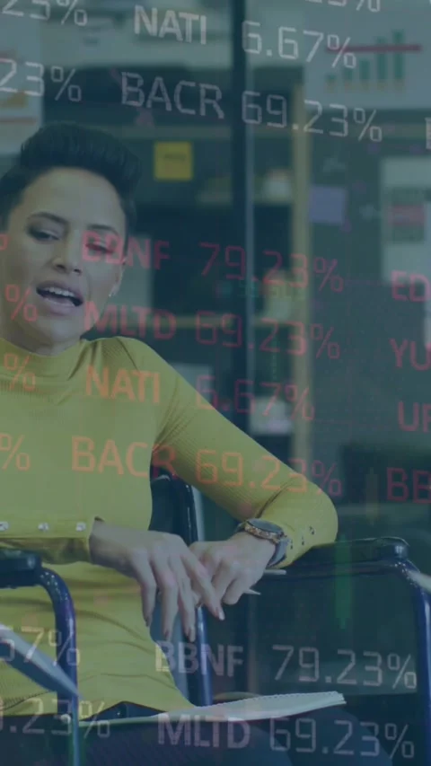 Animation of data processing against disbaled woman discussing with colleagues Stock Footage 344775285