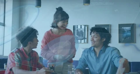 Animation of data processing against diverse colleagues discussing over Stock Footage 326304605