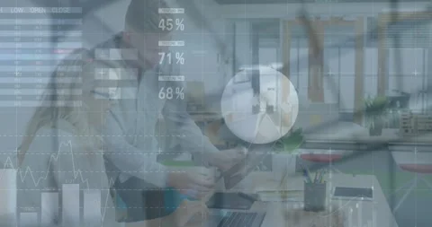 Animation of data processing against diverse man and woman smiling looking at Stock Footage 328097040