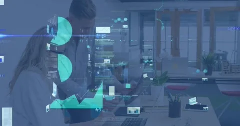 Animation of data processing against diverse man and woman smiling looking at Stock Footage 328311805