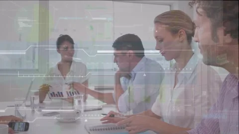 Animation of data processing against diverse businesspeople discussing over Stock Footage 329031782