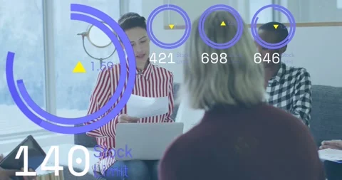 Animation of data processing against diverse colleagues passing a document at Stock Footage 329705778