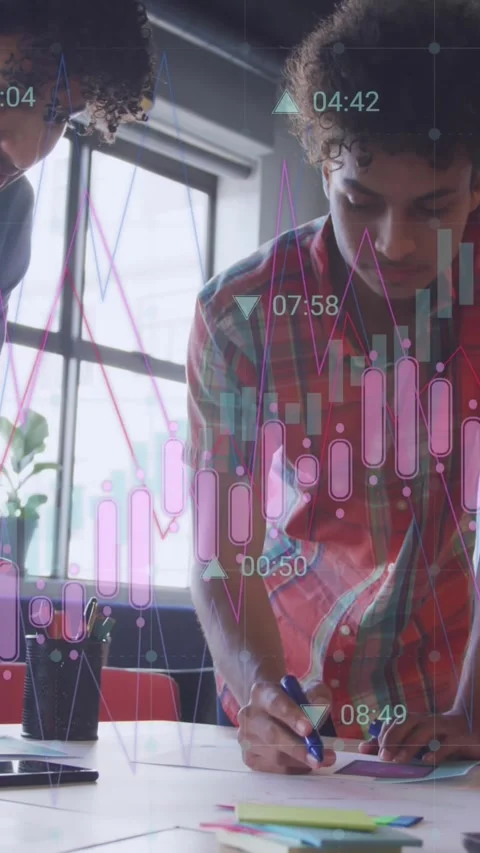 Animation of data processing against diverse colleagues working on a plan Video stock 344706631