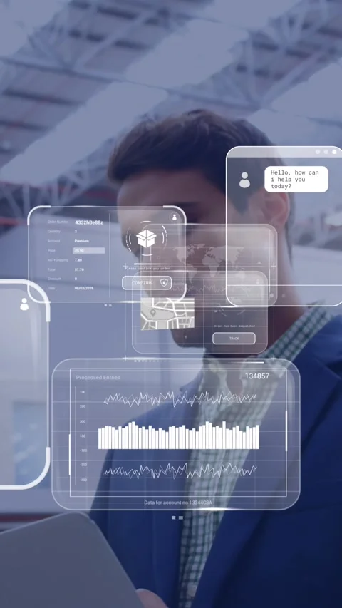 Animation of data processing against diverse supervisors and workers discussing Stock Footage 344783820