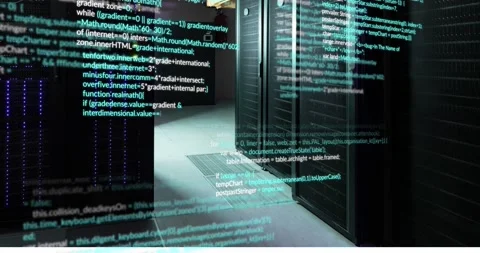 Animation of data processing against empty computer server room Stock Footage 239436027