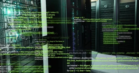 Animation of data processing against empty computer server room Stock Footage 330179517