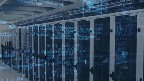 Animation of data processing against empty computer server room Stock Footage 330247960
