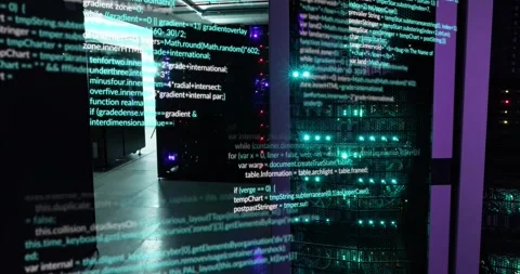 Animation of data processing against empty computer server room Stock Footage 330403022