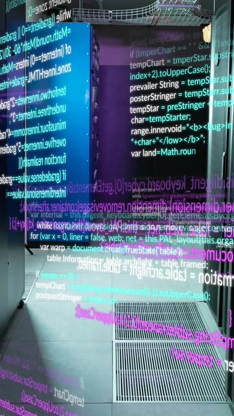 Animation of data processing against empty computer server room Stock Footage 343902483