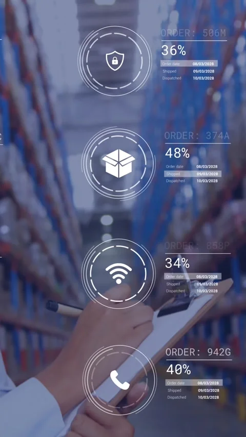 Animation of data processing against female supervisor writing on clipboard at Stock Footage 344783816