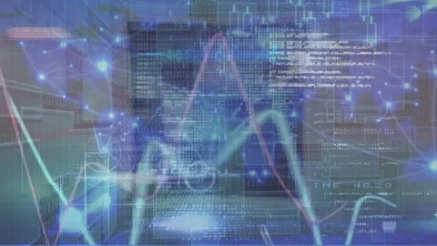 Animation of data processing against glowing light trails over world map on blue Stock Footage 329924072