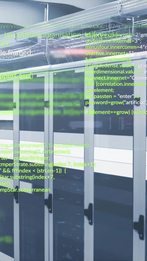 Animation of data processing against light trails over computer server room Stock Footage 344594542